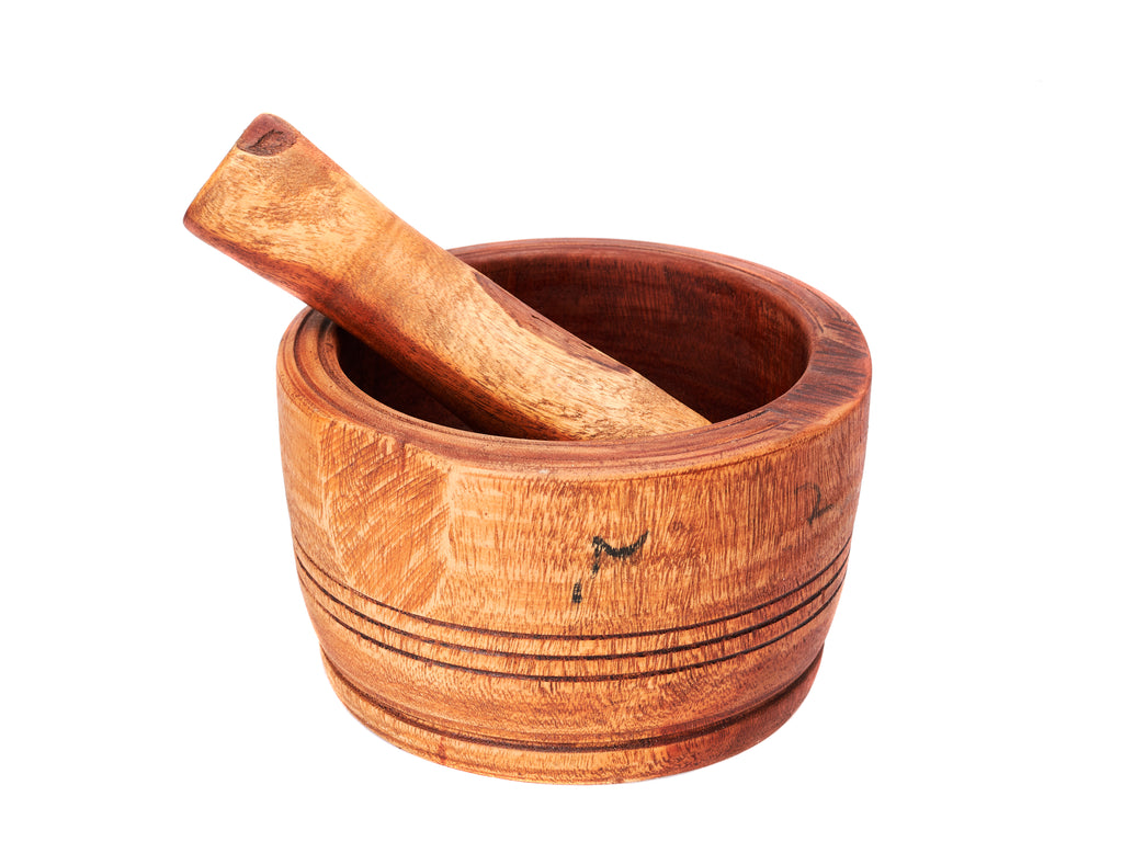 WOODEN CARVED MORTAR AND PESTLE