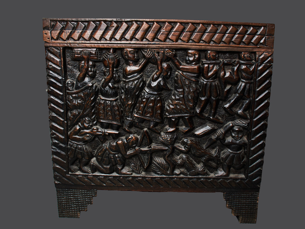 ANTIQUE CHEST WITH BENIN CARVINGS
