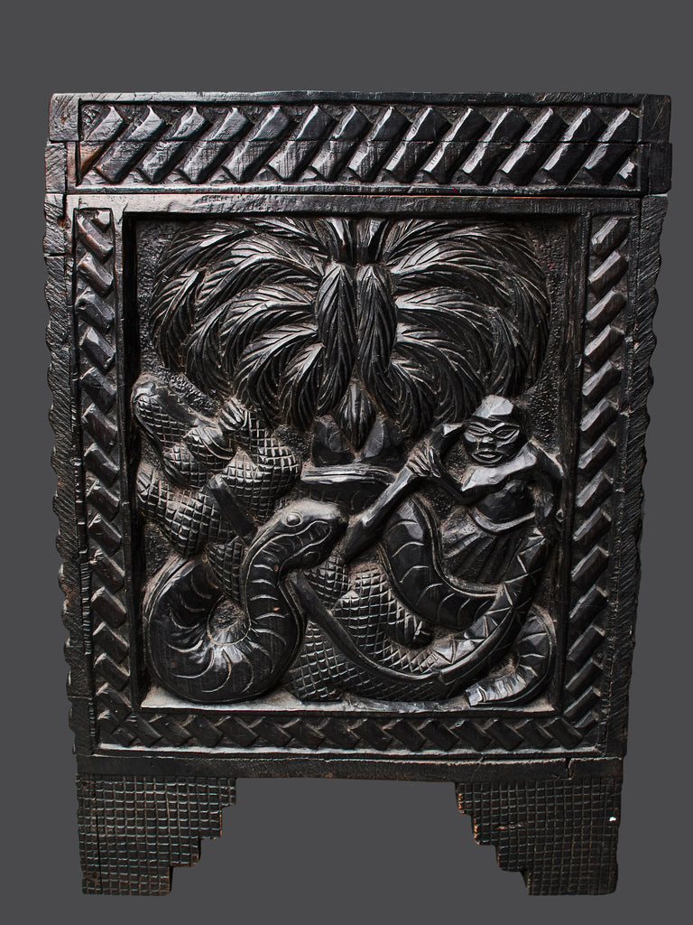 ANTIQUE CHEST WITH BENIN CARVINGS